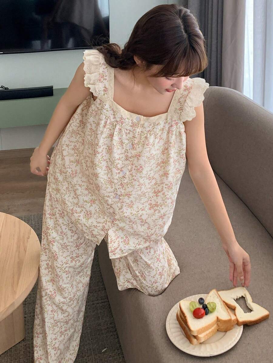 DAZY Ditsy Floral Pattern Ruffled Trim Sleeveless Pajama Set - Beige - View 1