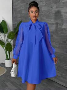 Maweii Plus Size Women's Solid Color Tie-Neck Mesh Long Sleeve Loose Elegant Midi Dress, Autumn Fall Cloth For Women