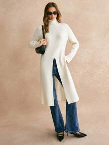 Poéselle Long Apricot Sweater,Long Turtleneck Slit Sweater,Women High Collar Dropped Shoulder Solid Color Long Sleeve Split Hem Casual Sweater, Autumn/Winter,Fall Women Outfits,Fall Sweaters,Old Money StyleWarm And Comfortable, Suitable For Daily Street, Home, Commuting And Other Occasions To Wear