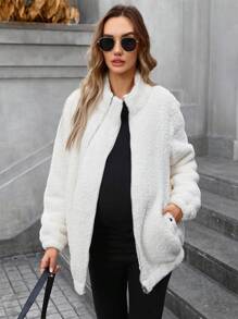 SHEIN Maternity 3-In-1 Teddy Fleece Double Zipper Jacket For Pregnant Women, Winter Warm Coat