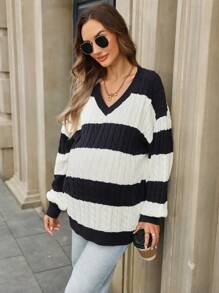 SHEIN Pregnant Women Color Block Stripe V-Neck Twist Knit Sweater For Autumn/Winter, For Maternity - Blue and White - View 5