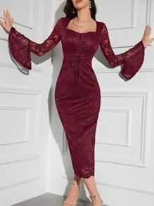 Modelyn Burgundy Red 1pc Women's Square Neck Lace Patchwork Pleated Elegant Long Sleeve Dress Long Evening Dresses