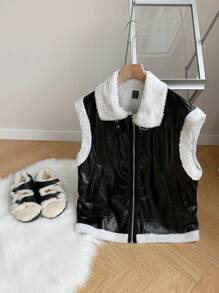 Comfortcana Black And White Fur Integrated OU Vest Suede Jacket