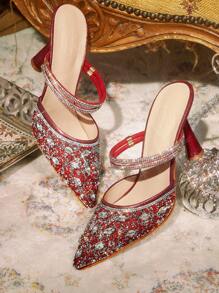 CUCCOO TILAWA Pointed Toe Glitter Party High Heel Pumps For Women - Red - View 1