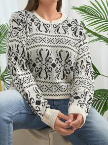 RueChic Pull ample pour femmes, motif géométrique, col rond, épaules tombantes, manches longues, décontracté, automne/hiver - Noir et Blanc - Voir 1