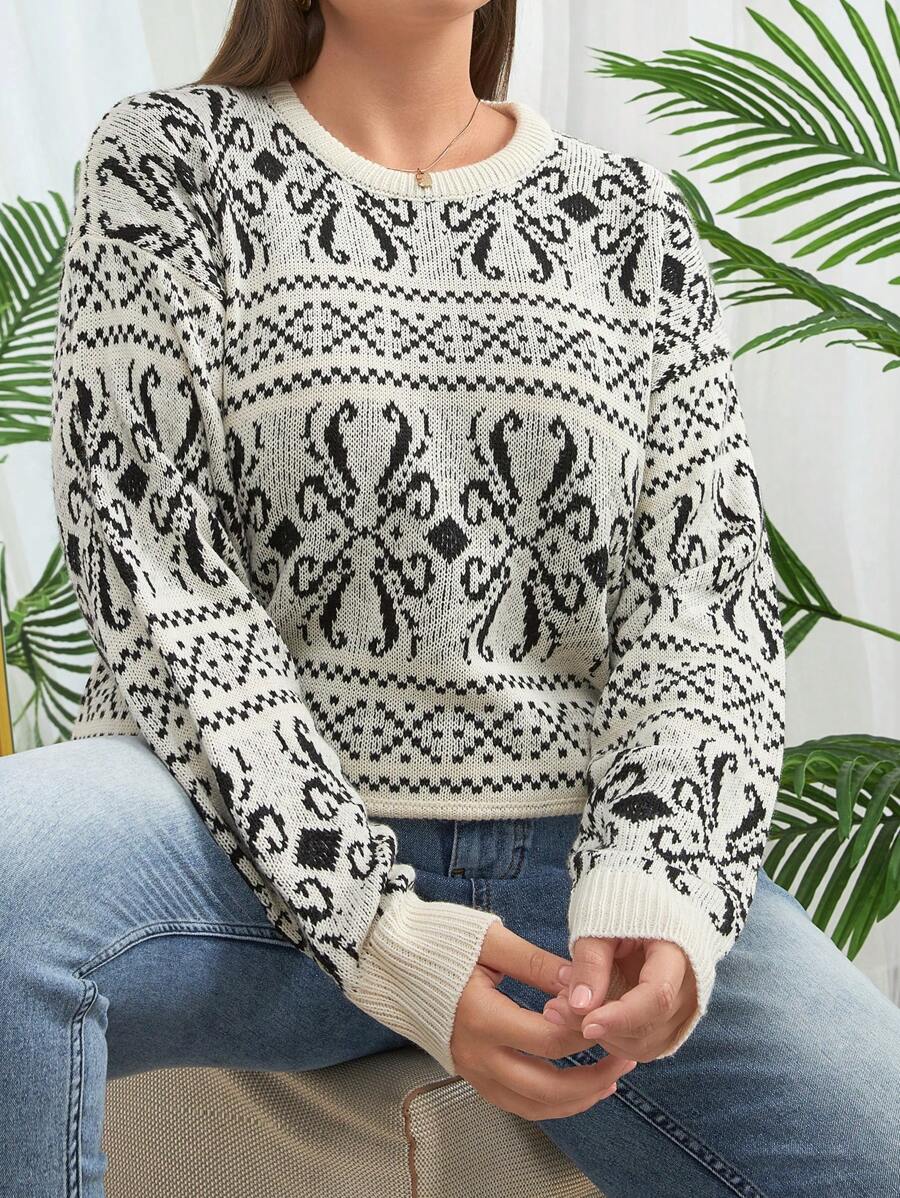 RueChic Pull ample pour femmes, motif géométrique, col rond, épaules tombantes, manches longues, décontracté, automne/hiver - Noir et Blanc - Voir 1