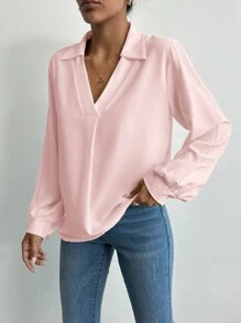 EURMUSE V-collar Lantern Sleeve Solid Blouse - Pink - View 5