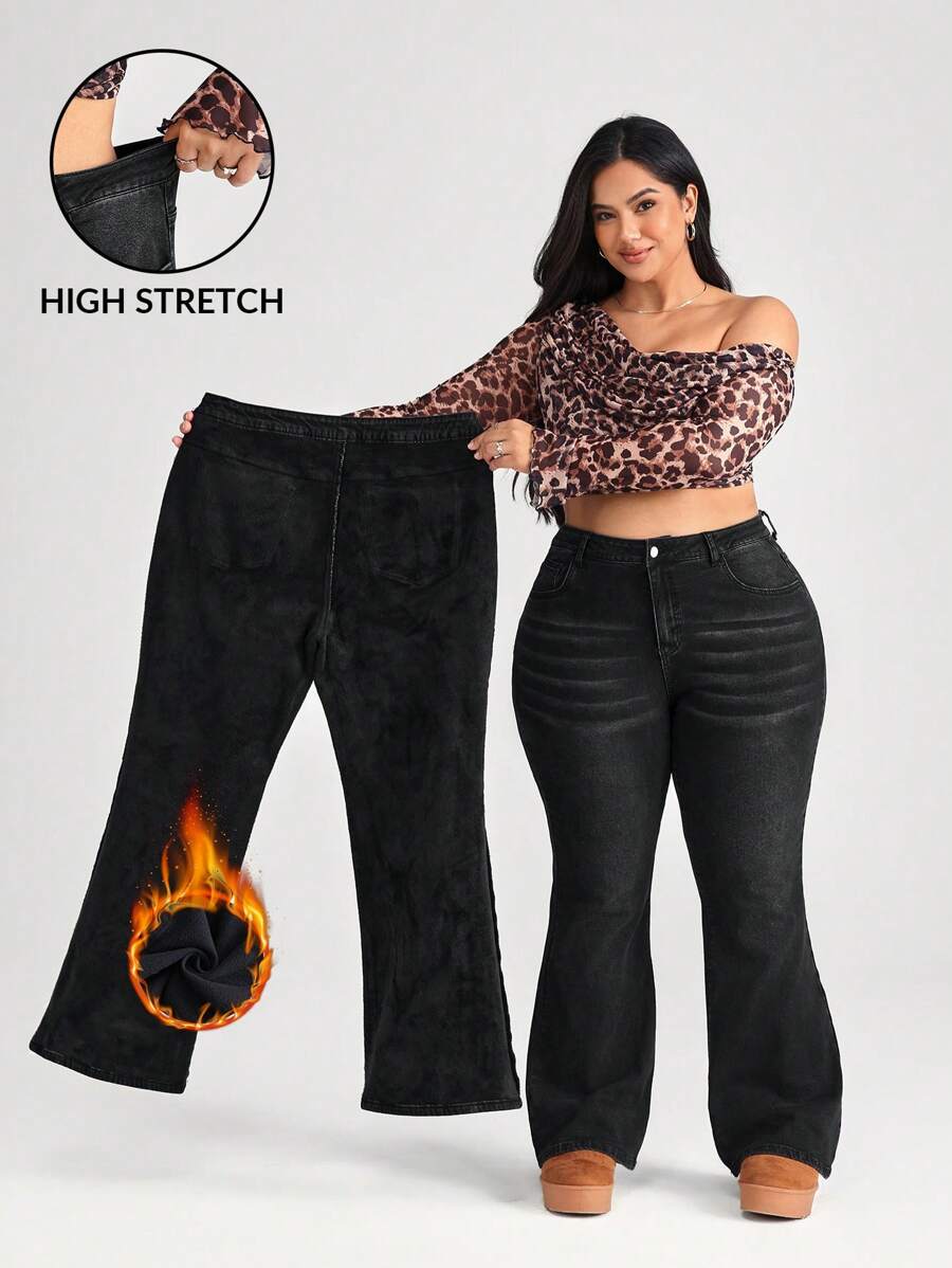 SHEIN CURVE+ Black Plus Size Jeans Casual Skinny Stretch Flared Pants Lined For Added Warmth