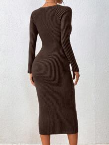 Chiquease Women's Solid Color Sweetheart Collar Long Sleeve Casual Simple Sweater Dress