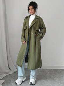 Calvaya Abrigo trench de mujeres de estilo casual, holgado y vintage con diseño de doble botonadura, estampado de rayas y manga larga (con forro)