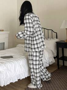 DAZY Plaid Tie Collar Loose Pajama Set - Black and White - View 2