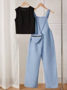 Sparklyn 2 件套 Tween Girls 休闲牛仔效果印花工装裤和吊带背心套装 - 彩色 - 查看 2