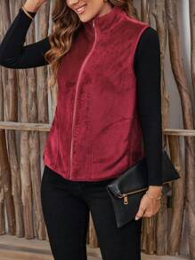 EMERY ROSE Áo khoác không tay cổ đứng màu trơn đơn giản cho nữ, mùa thu/đông - Màu Đỏ Sâu - Xem 3