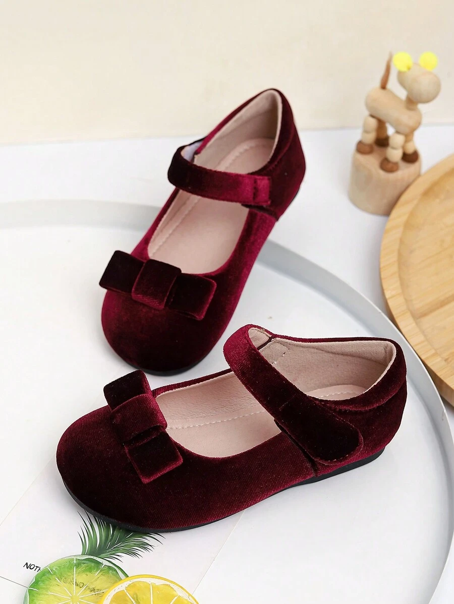 1 双蝴蝶结装饰软底平底女童鞋，适合春秋季节 - 酒紅色 - 查看 1