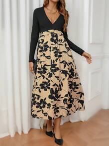 SHEIN Váy xẻ cao họa tiết hoa cho bà bầu buộc eo - Đen và trắng - Xem 1