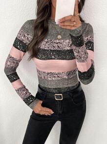 SHEIN Clasi Women's Elegant Geometric Print Gigot Sleeve Long Sleeve T-Shirt, Versatile For Autumn/Winter - Multicolor - View 3