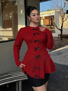 SHEIN Clasi Plus Size Christmas Bow Decor Round Neck Knit Sweater For Autumn/Winter Knit Pullover Fall - Red - View 7