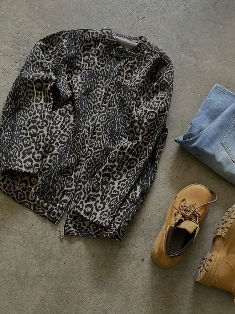 Women's Spring Autumn Casual Loose Leopard Print Denim Long Sleeve Jacket Cheetah Print
