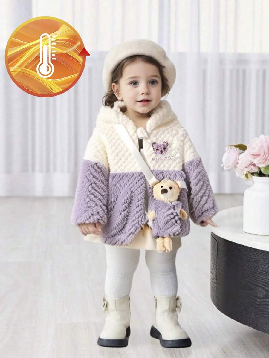 Baby Girl Warm Cute Bear Contrast Color Fluffy Jacket, Autumn & Winter - Multicolor - View 1