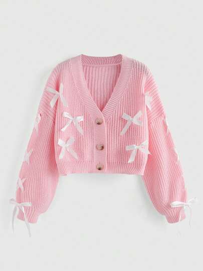 Women's Coqutte Bow Shoulder Long Sleeve Loose Cardigan