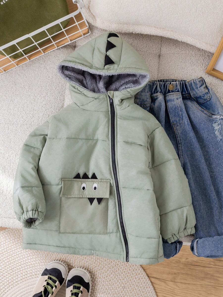 SHEIN Leap Crew 1pc Young Boys Cute Casual Comfortable Warm Hooded Long Fleece Coat With Eye Decoration Pocket, Suitable For Outings, School, Daily Gatherings, Fall And Winter Seasons
