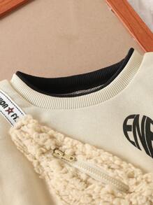 SHEIN 女童长袖拼布毛绒斜跨束腰连衣裙，休闲字母印花时尚小女孩连衣裙 - 卡其色 - 查看 7