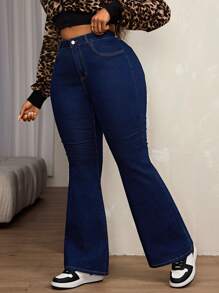 SHEIN SXY Quần Jeans Ống Loe Lưng Cao Co Giãn Cho Nữ Cỡ Lớn, Ôm Sát, Thích Hợp Cho Mùa Thu Đông - Màu xanh lam - Xem 5