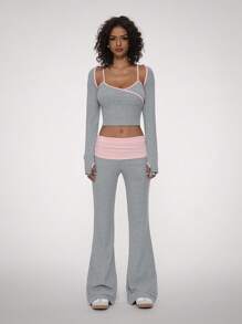 Forever 21 Quần âu đơn giản màu tương phản chắp vá cho nữ - Xám - Xem 3