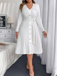 Flirla Plus Size Button Front Knit Sweater Dress, Spring Autumn, For Winter - White - View 5