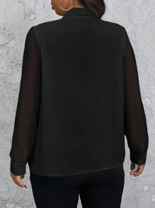 SHEIN Privé Blusa de botones blanca ajustada con adorno de lazo y cuello de perlas, uso de oficina elegante/casual, primavera/otoño, talla grande - Negro - Ver 4