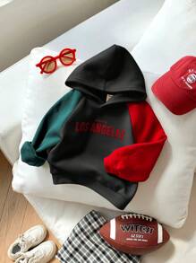 SHEIN Leap Crew Baby Boy Cute Letter Print Color Block Raglan Sleeve Sweatshirt, Autumn/Winter - Black - View 1