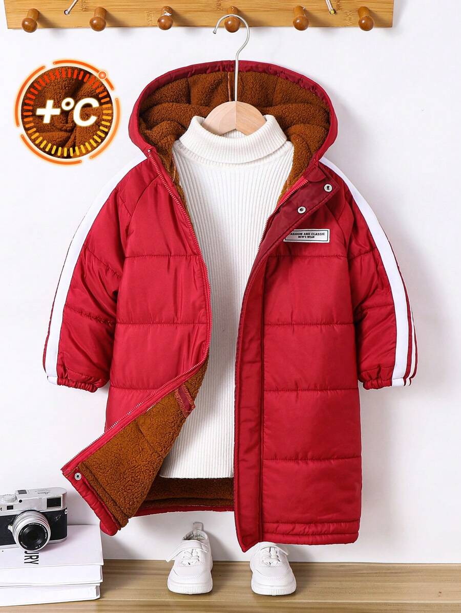 SHEIN 1 pieza Abrigo con capucha acolchado rojo oversize de manga ancha para niños pequeños, ropa de abrigo casual cálida adecuada para viajes, escuela y ocasiones diarias en otoño e invierno