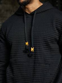 Gym Rark Plus Size Men's Solid Textured Drawstring Hooded Sweatshirt - Black - View 6