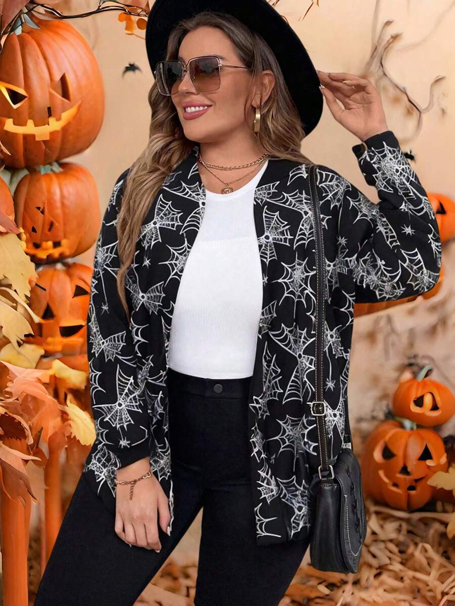SHEIN LUNE 大码女式蜘蛛网印花长袖宽松休闲万圣节夹克