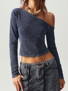Bohemela Blusa de mujer de manga larga, ajustada, de punto, de unicolor y cuello asimétrico informal - Azul - Ver 6