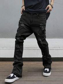 Manfinity Roughcore Quần jean denim trơn dáng ôm ống loe dài đến đầu gối cho nam, màu sắc Grunge - màu đen - Xem 5