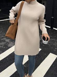SHEIN EZwear 女式纯色长袖高领罗纹针织休闲连衣裙 - 杏色 - 查看 6