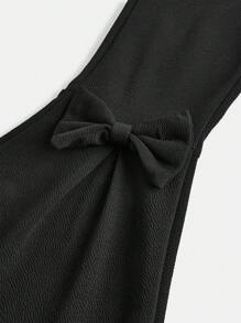 SHEIN 2 件套 Tween 女童针织紧身秋冬套装 - 紧身喇叭袖蕾丝褶皱上衣，带蝴蝶结装饰的针织喇叭裤，休闲优雅时尚 Tween 女童装 - 黑色 - 查看 6