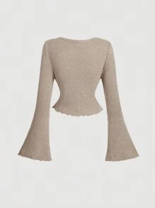 SHEIN MOD 女士圆领长袖T恤，磨毛罗纹针织修身休闲T恤 - 卡其色 - 查看 2