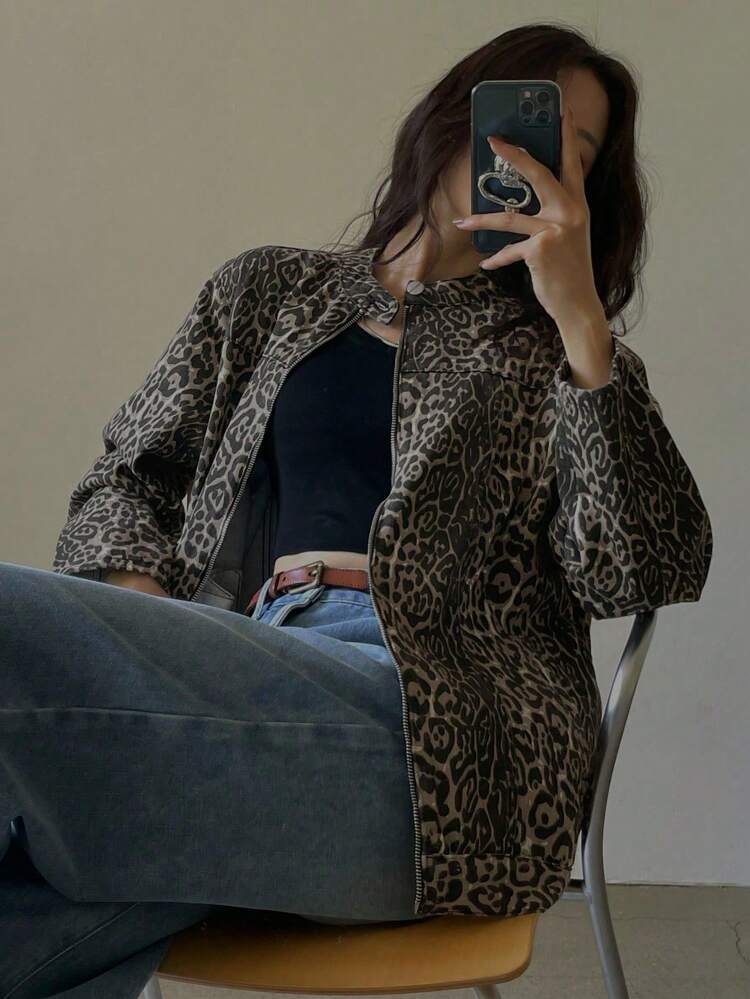 Women's Spring Autumn Casual Loose Leopard Print Denim Long Sleeve Jacket Cheetah Print