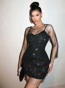 VaVaBold Women's Rhinestone Mesh Bodycon Mini Dress, Sexy Fall Cloth For Women - Black - View 5