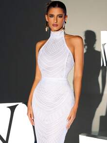 Halter Neck Backless Mermaid Hem Formal Dress Elegant Prom Evening Wedding Guest Gown, For Graduation, Dinner Party Dress