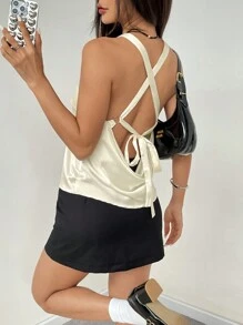 SHEIN EZwear Women's Solid Color Spaghetti Strap Tie Back Casual Tank Top - Apricot - View 5