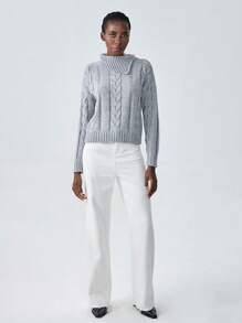 SHEIN Unity 纯色绞花针织圆领长袖毛衣，秋冬针织套头衫 - 灰色 - 查看 3