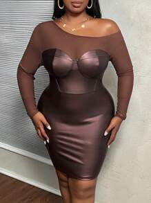 Slaydiva 大码女士时尚 PU 拼接网眼修身连衣裙，秋季 - 棕色 - 查看 6