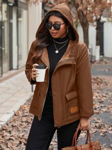 EMERY ROSE Plus Size Women Winter Solid Color Long Sleeve Thermal Lined Hooded Casual Loose Jacket Fall Cloth For Women Autumn - Brown - View 5