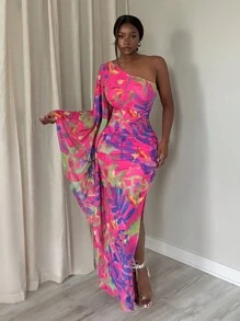 Slaydiva 女式斜肩长袖全印花休闲连衣裙