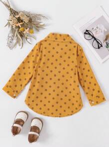 Young Girl Full Floral Print Button-Front Long Sleeve Casual Shirt