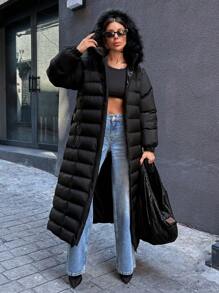 SHEIN Cottnline A Line Hem Long Fashionable Padded Coat - Black - View 1