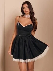 SHEIN BAE Tenues décontractées d'automne pour les rendez-vous, les voyages, les fêtes et les occasions sociales. Tenue de sortie élégante pour femmes, robe évasée en tulle douce - Noir - Voir 4